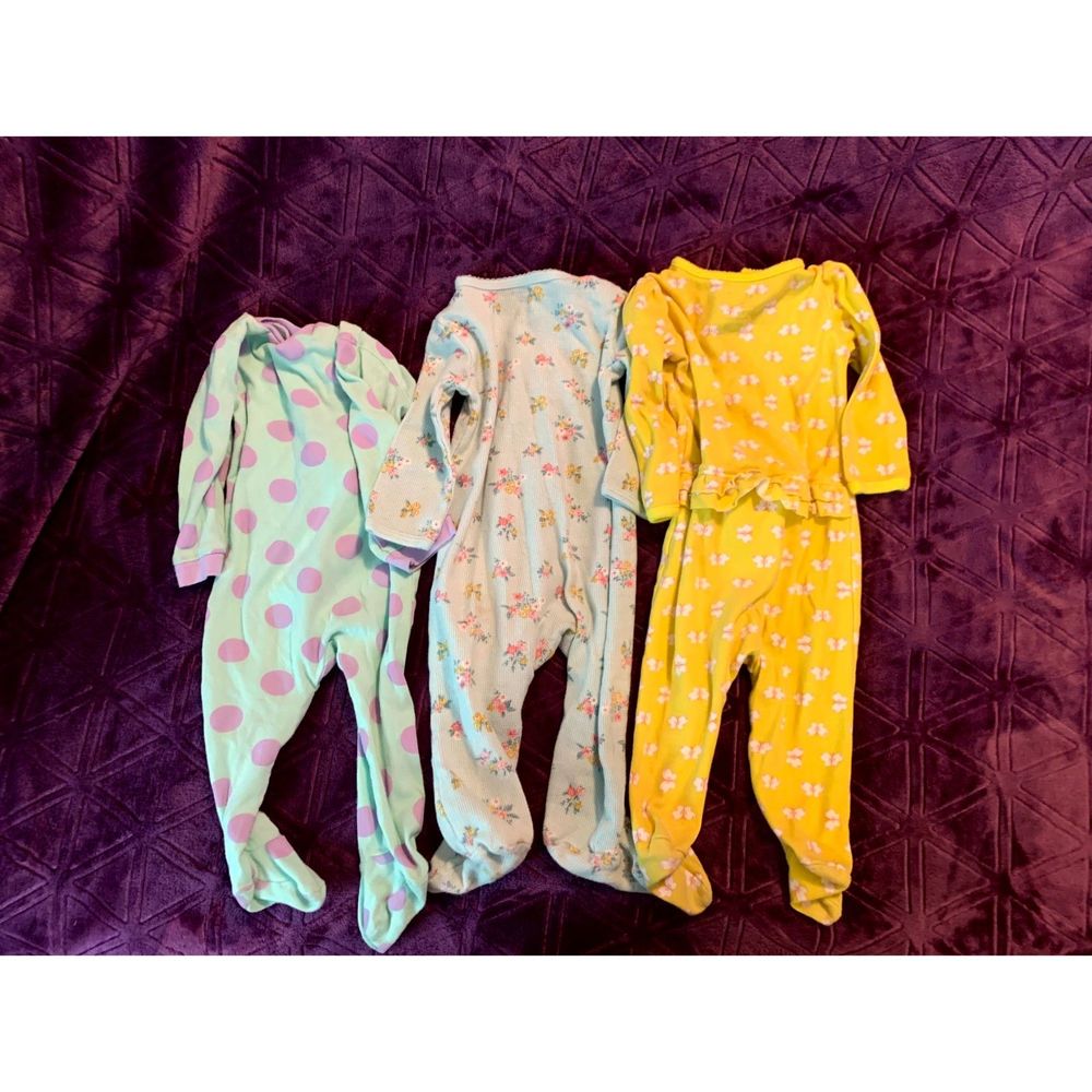 LOT of three girls 6-9 month pajamas PJ's - one-piece zipper floral, dots, blue - Picture 2 of 5